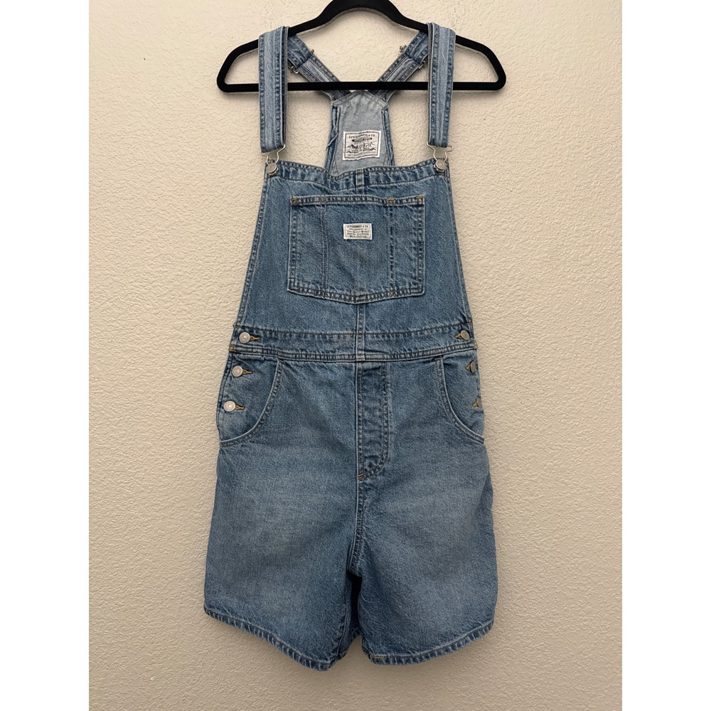 Levi's Womens Medium Denim Shortalls Blue Bib Overall Shorts Adjustable Cotton - Picture 1 of 14